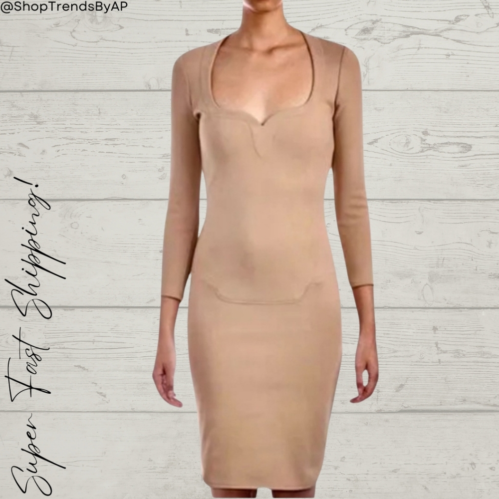 Mugler Sweetheart Neckline Tan Bodycon Dress